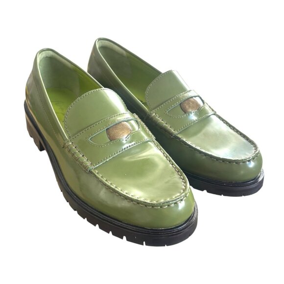 FREE PEOPLE GREEN LEATHER CHUNKY PENNY LOAFERS SIZE 8/38 LIKE NEW - Picture 4 of 6